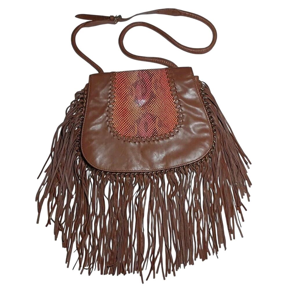 Henri Bendel Lamb Leather Fringe Snakeskin Crossbody Bag Adjustable Strap Brown